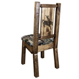 Homestead Collection Side Chair - Woodland Upholstery W/ Laser Engraved Bronc Design, Stain & Lacquer Finish