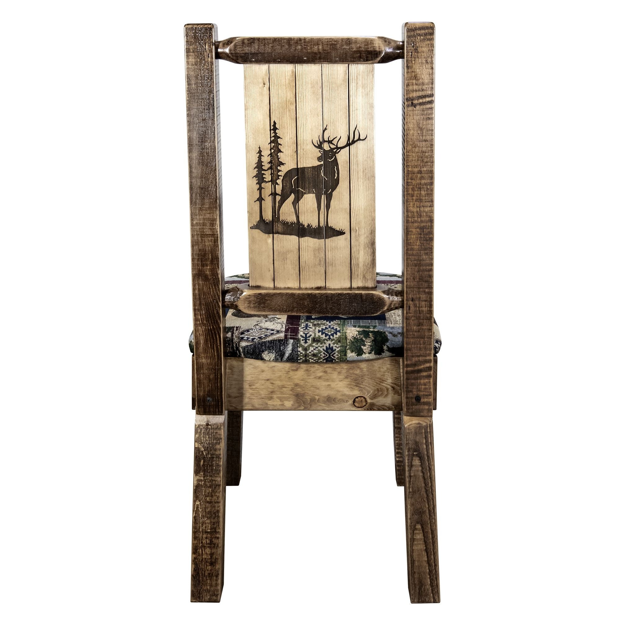 Homestead Collection Side Chair - Woodland Upholstery W/ Laser Engraved Elk Design, Stain & Lacquer Finish