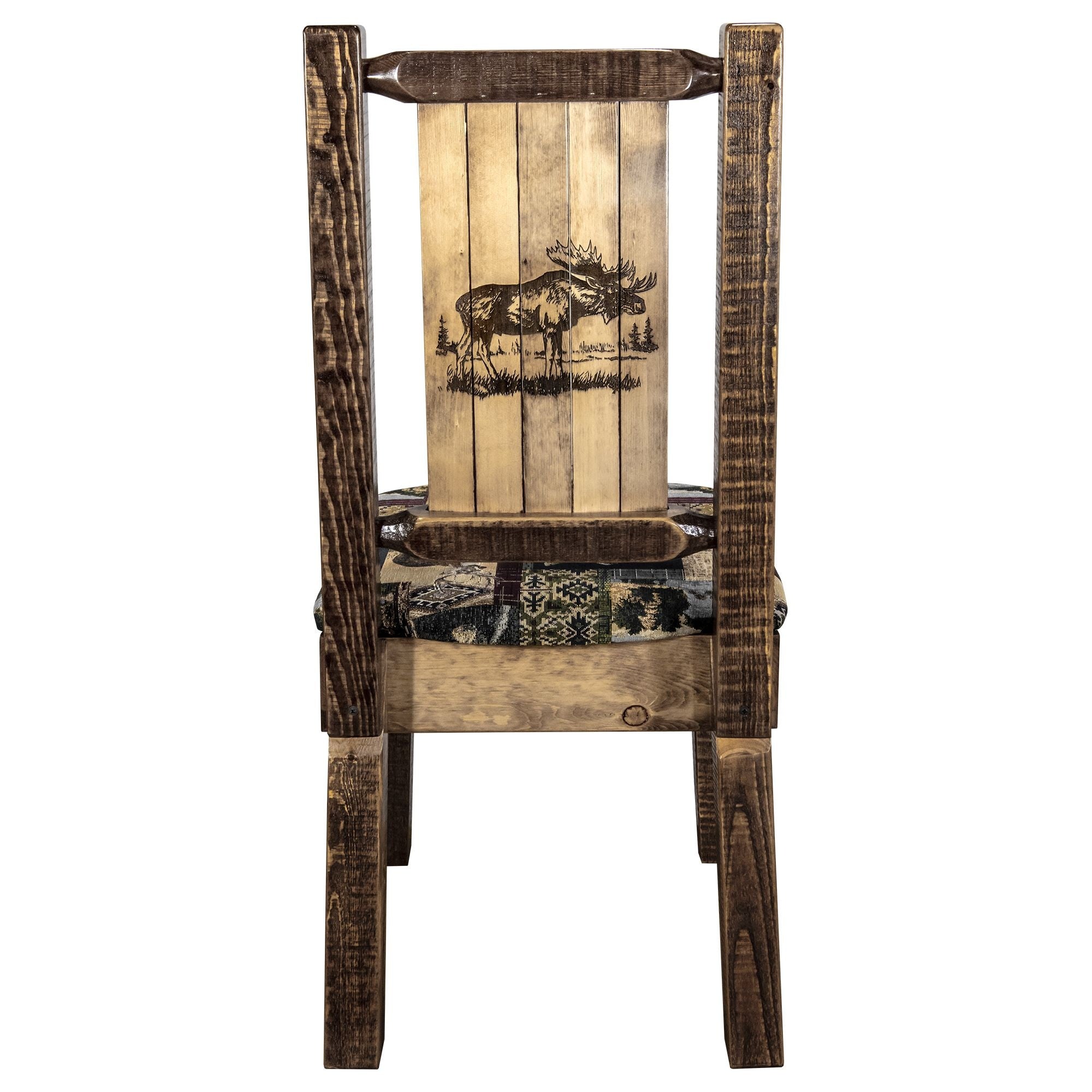 Homestead Collection Side Chair - Woodland Upholstery W/ Laser Engraved Moose Design, Stain & Lacquer Finish