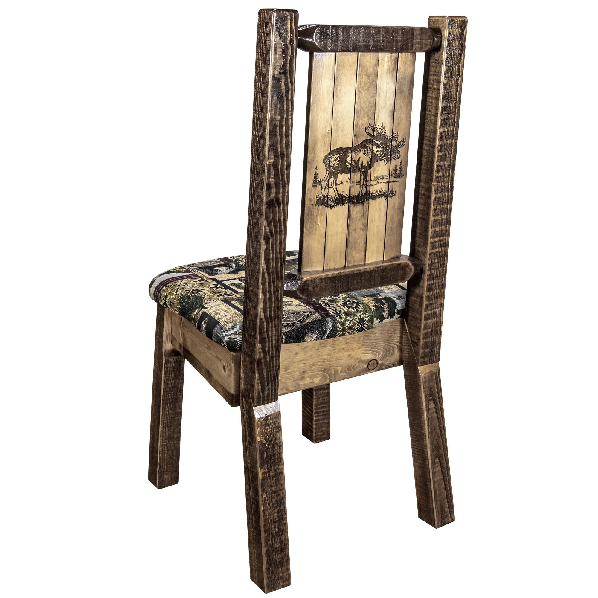 Homestead Collection Side Chair - Woodland Upholstery W/ Laser Engraved Moose Design, Stain & Lacquer Finish