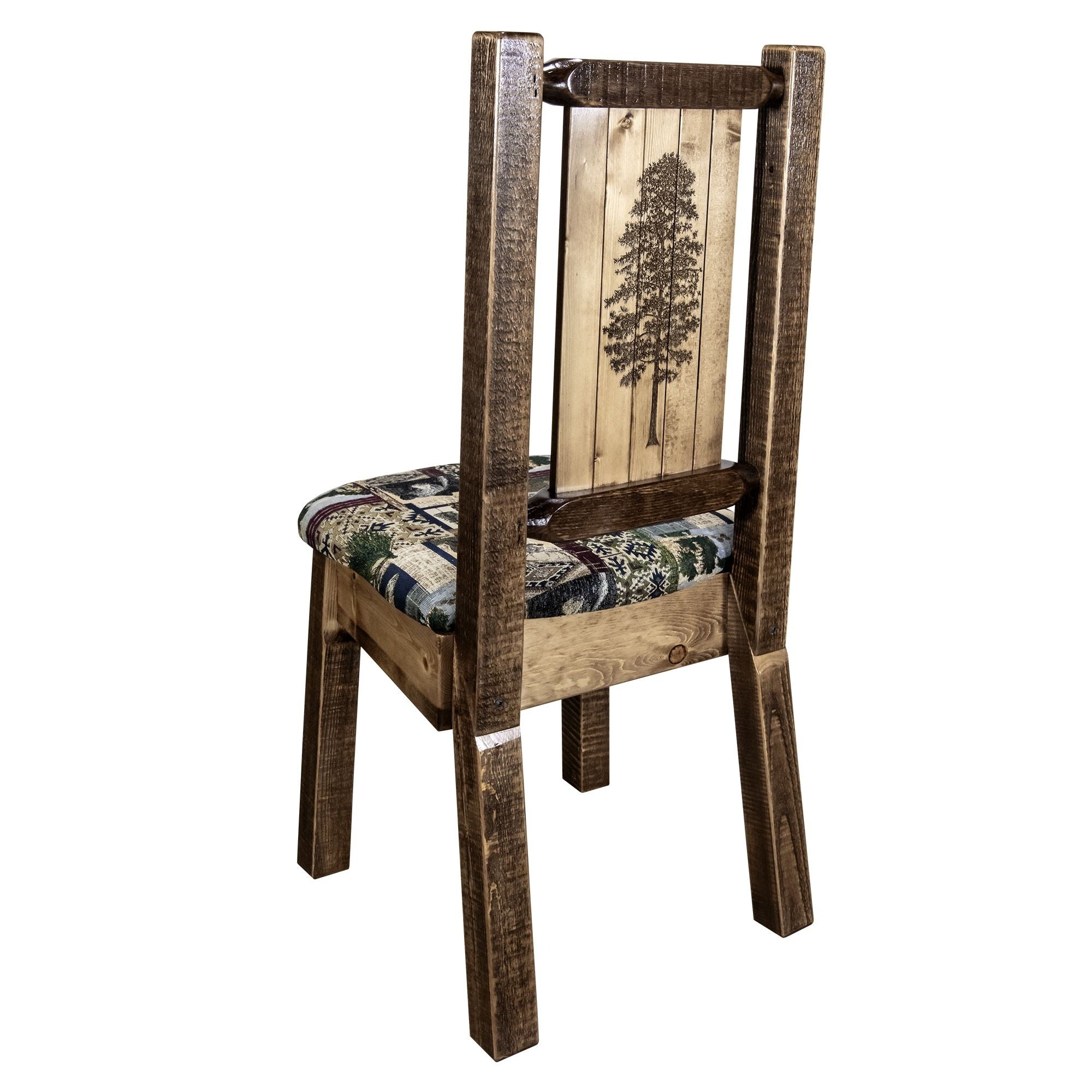 Homestead Collection Side Chair - Woodland Upholstery W/ Laser Engraved Pine Tree Design, Stain & Lacquer Finish