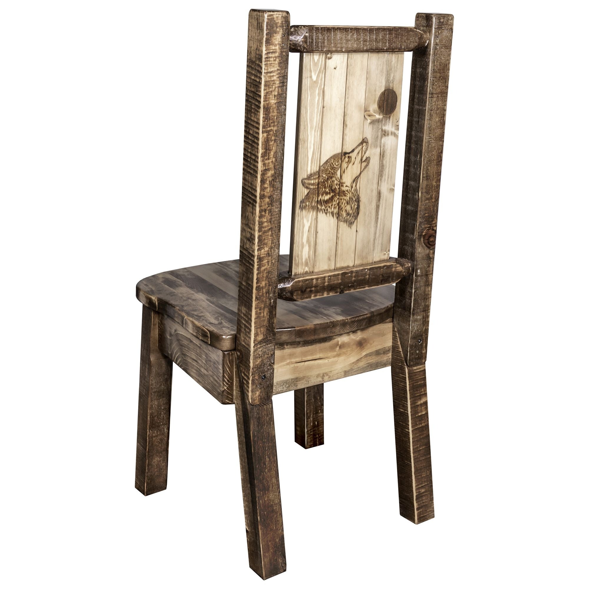 Homestead Collection Side Chair - Woodland Upholstery W/ Laser Engraved Wolf Design, Stain & Lacquer Finish