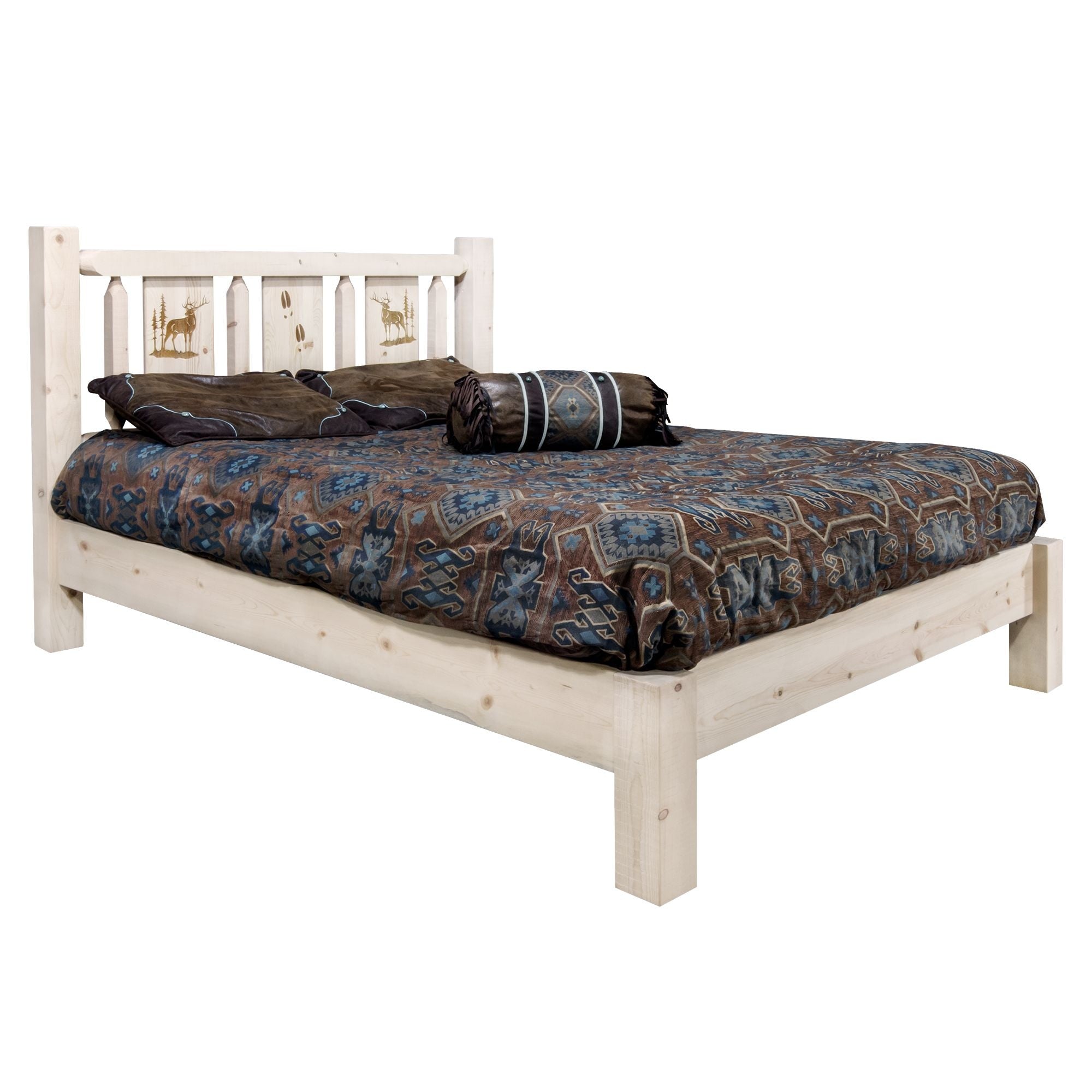 Homestead Collection California King Platform Bed W/ Laser Engraved Elk Design, Clear Lacquer Finish