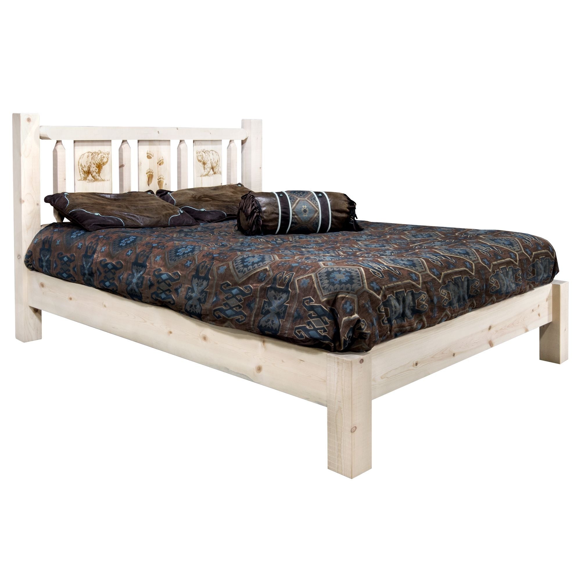 Homestead Collection Full Platform Bed W/ Laser Engraved Bear Design, Ready To Finish