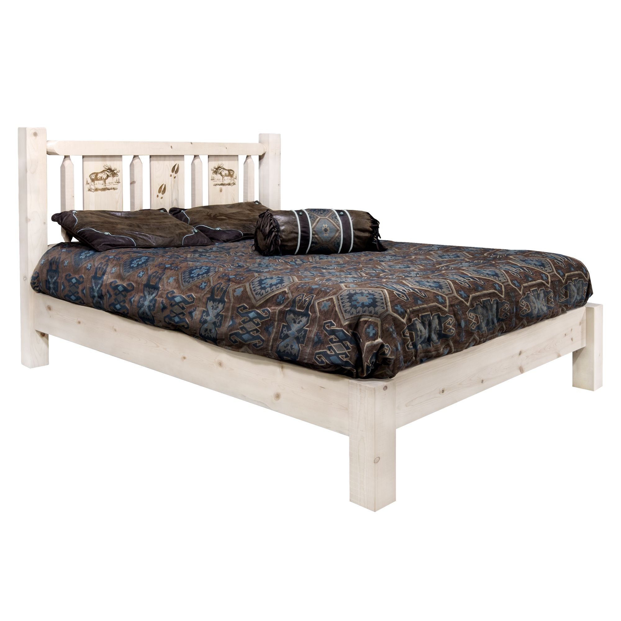 Homestead Collection Full Platform Bed W/ Laser Engraved Moose Design, Ready To Finish