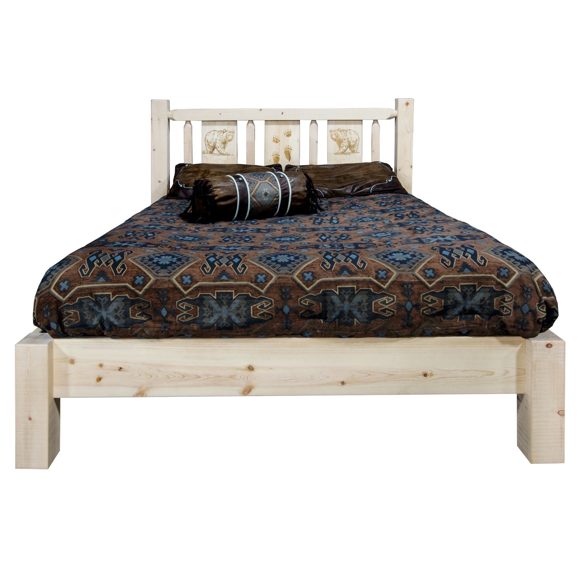 Homestead Collection Full Platform Bed W/ Laser Engraved Bear Design, Clear Lacquer Finish