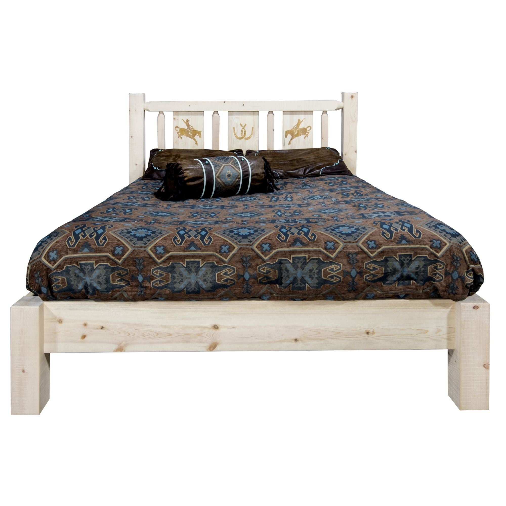 Homestead Collection Full Platform Bed W/ Laser Engraved Bronc Design, Clear Lacquer Finish