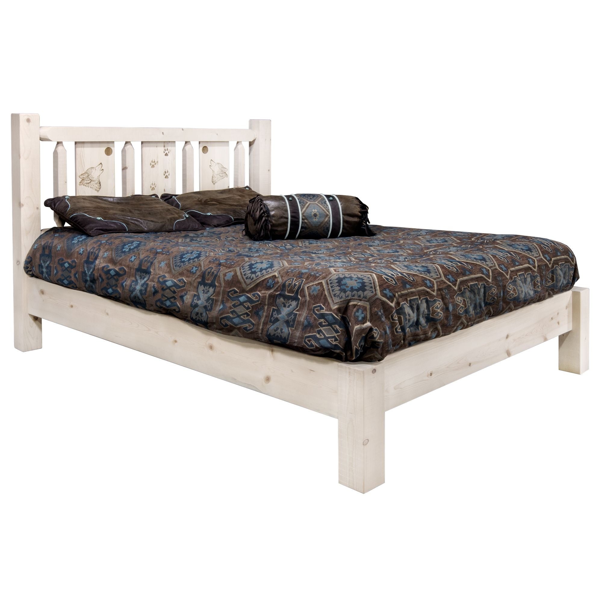 Homestead Collection Full Platform Bed W/ Laser Engraved Wolf Design, Clear Lacquer Finish