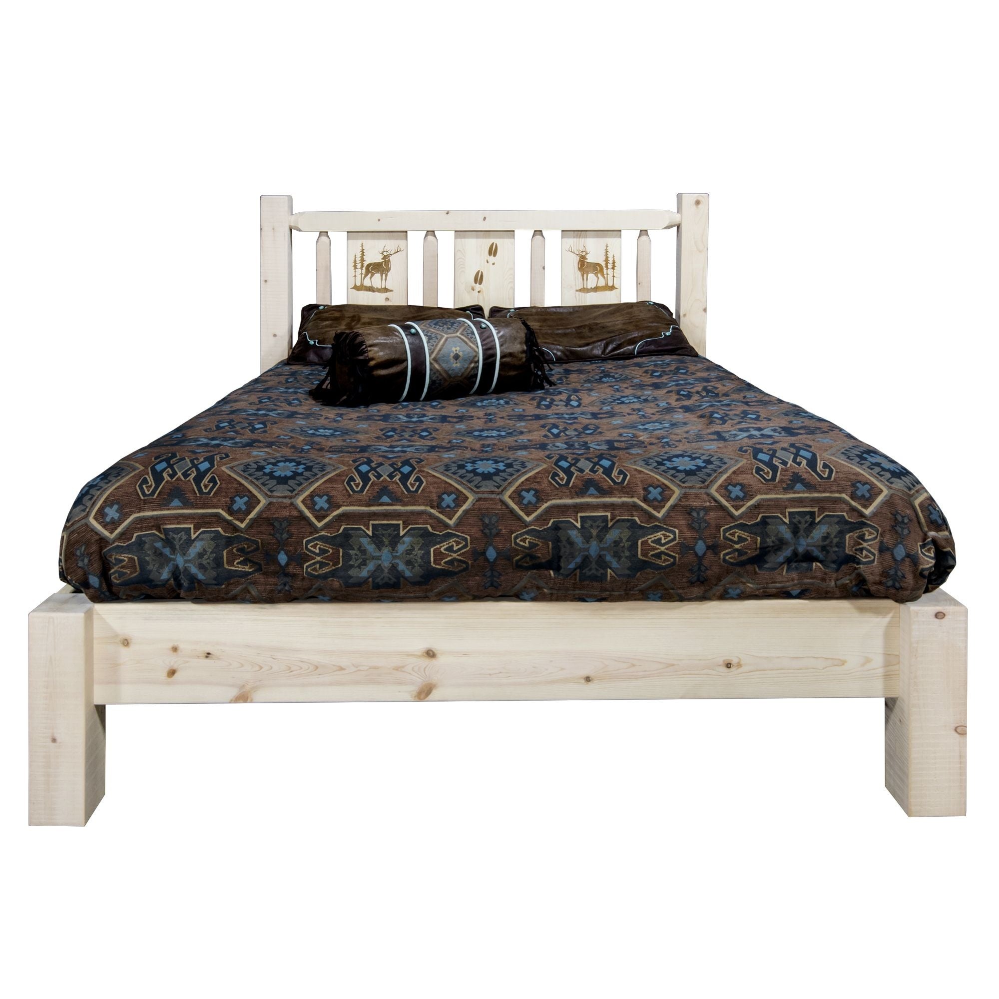 Homestead Collection Twin Platform Bed W/ Laser Engraved Elk Design, Clear Lacquer Finish