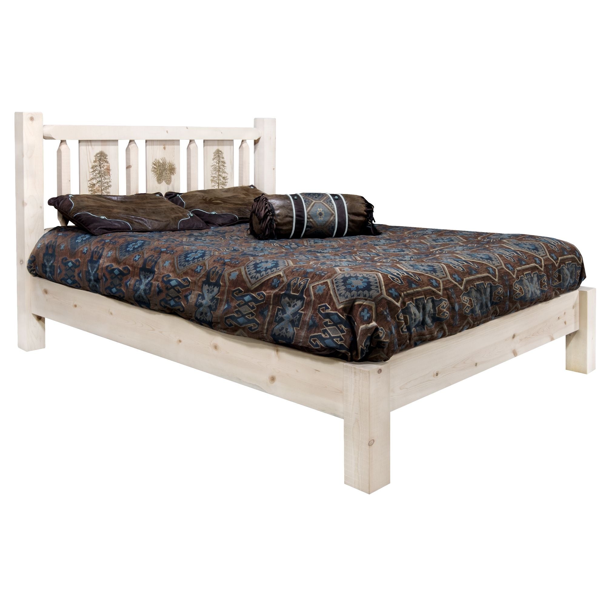 Homestead Collection Twin Platform Bed W/ Laser Engraved Pine Tree Design, Clear Lacquer Finish