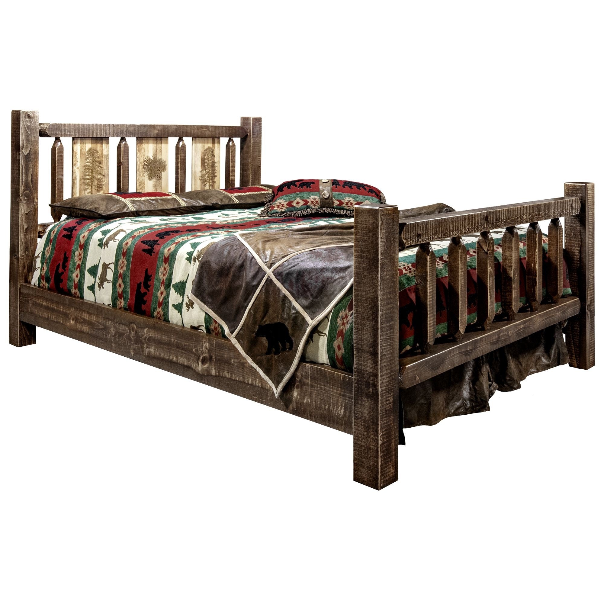 Homestead Collection Queen Bed W/ Laser Engraved Pine Tree Design, Stain & Clear Lacquer Finish