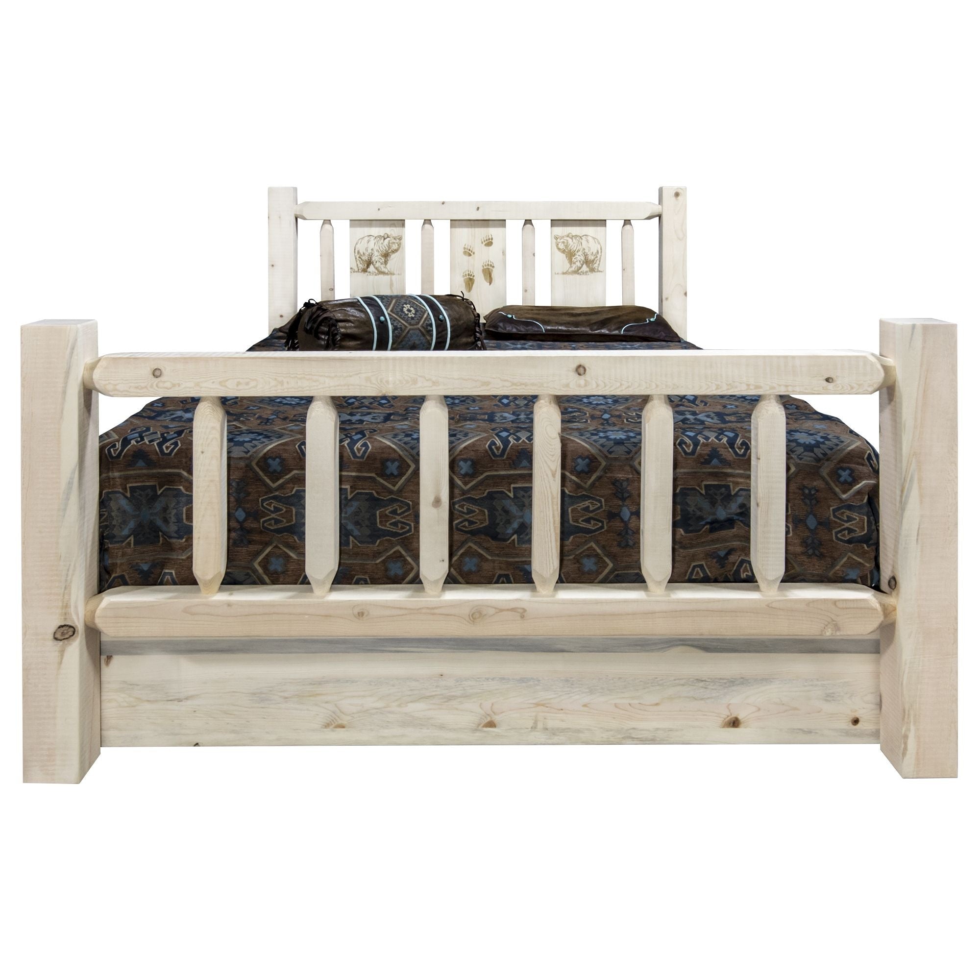 Homestead Collection California King Storage Bed W/ Laser Engraved Bear Design, Clear Lacquer Finish