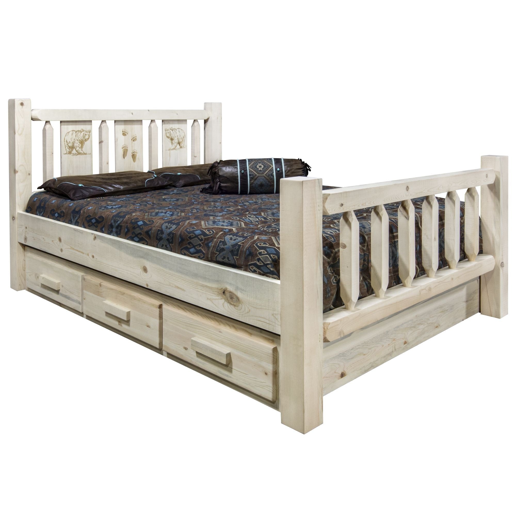 Homestead Collection King Storage Bed W/ Laser Engraved Bear Design, Clear Lacquer Finish