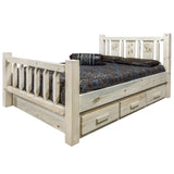 Homestead Collection King Storage Bed W/ Laser Engraved Bear Design, Clear Lacquer Finish
