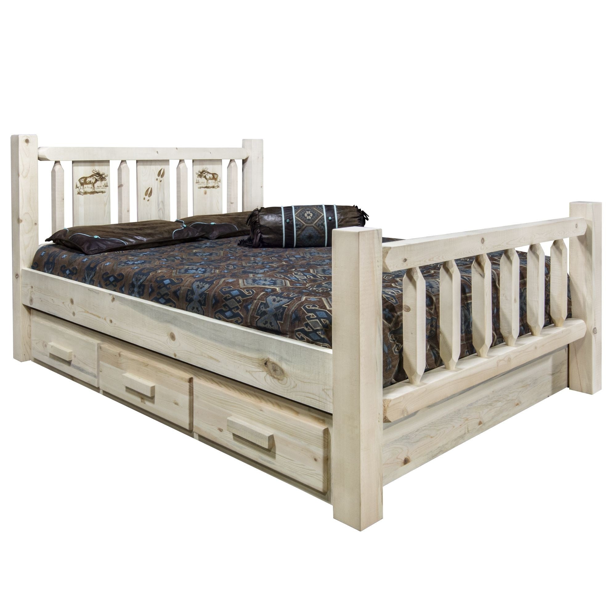 Homestead Collection King Storage Bed W/ Laser Engraved Moose Design, Clear Lacquer Finish
