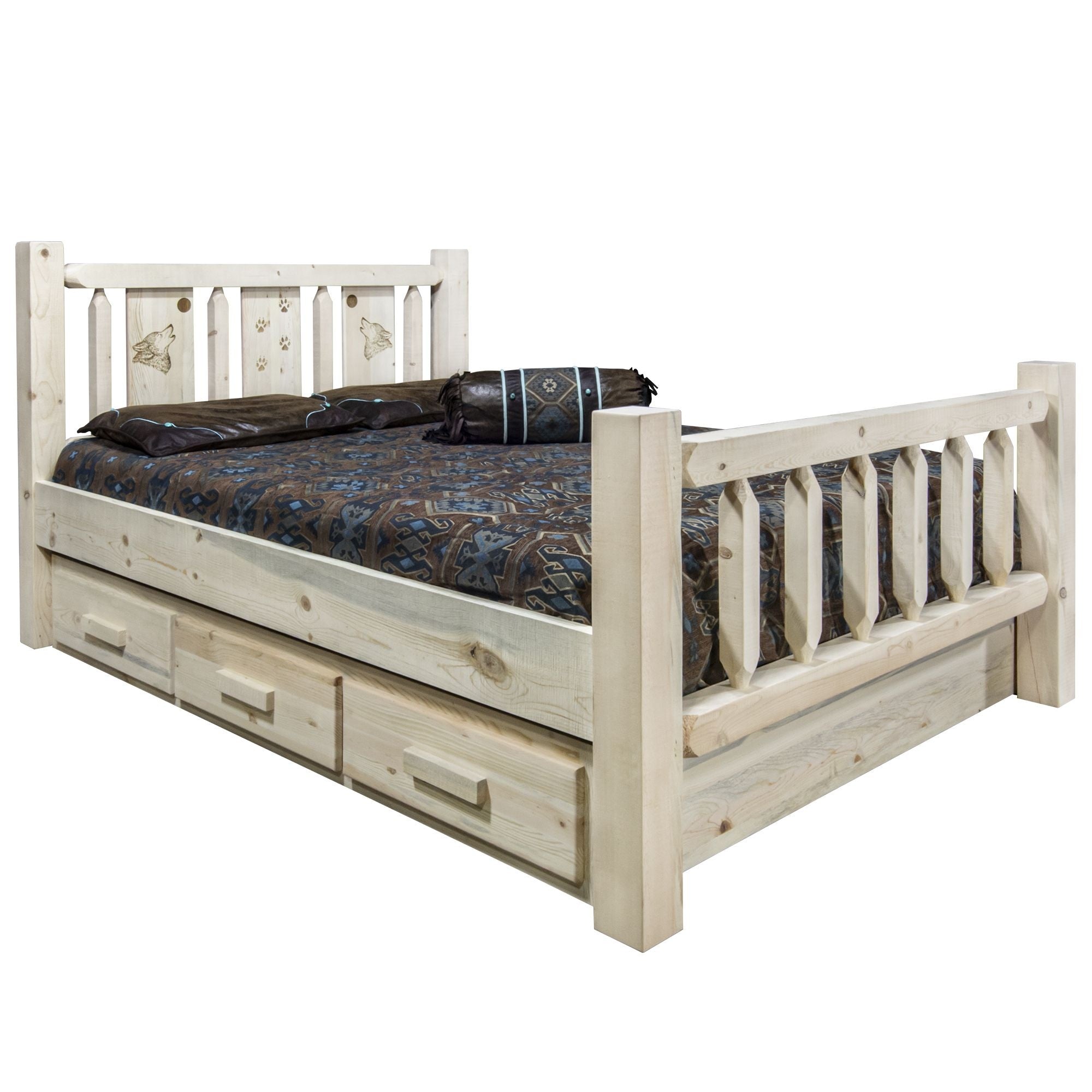 Homestead Collection King Storage Bed W/ Laser Engraved Wolf Design, Clear Lacquer Finish