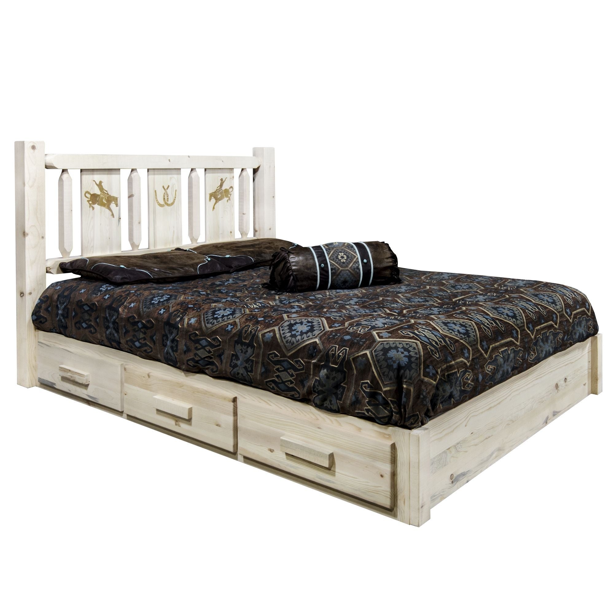 Homestead Collection Platform Bed W/ Storage, California King W/ Laser Engraved Bronc Design, Ready To Finish