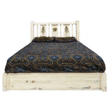 Homestead Collection Platform Bed W/ Storage, California King W/ Laser Engraved Pine Design, Clear Lacquer Finish
