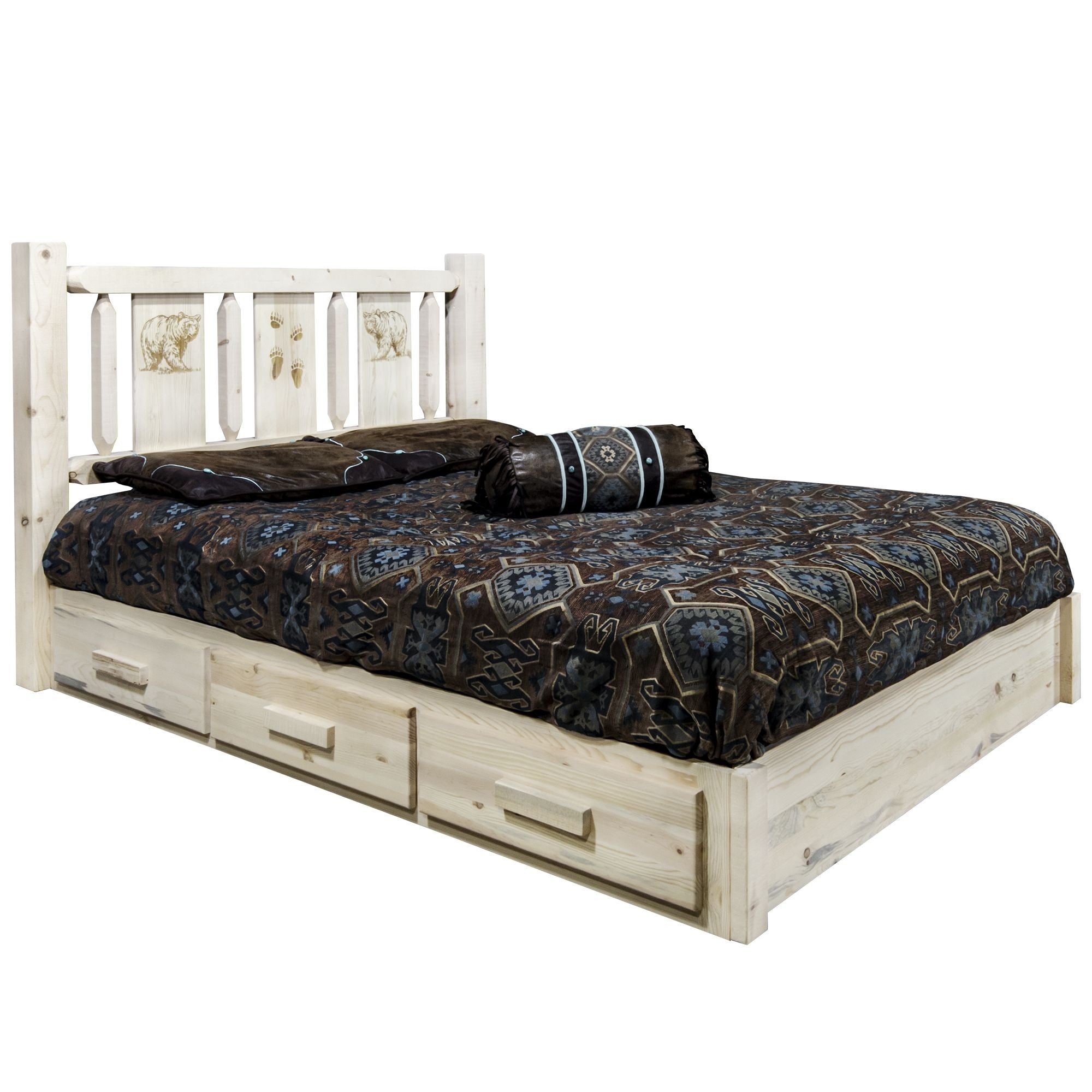 Homestead Collection Platform Bed W/ Storage, Full W/ Laser Engraved Bear Design, Ready To Finish