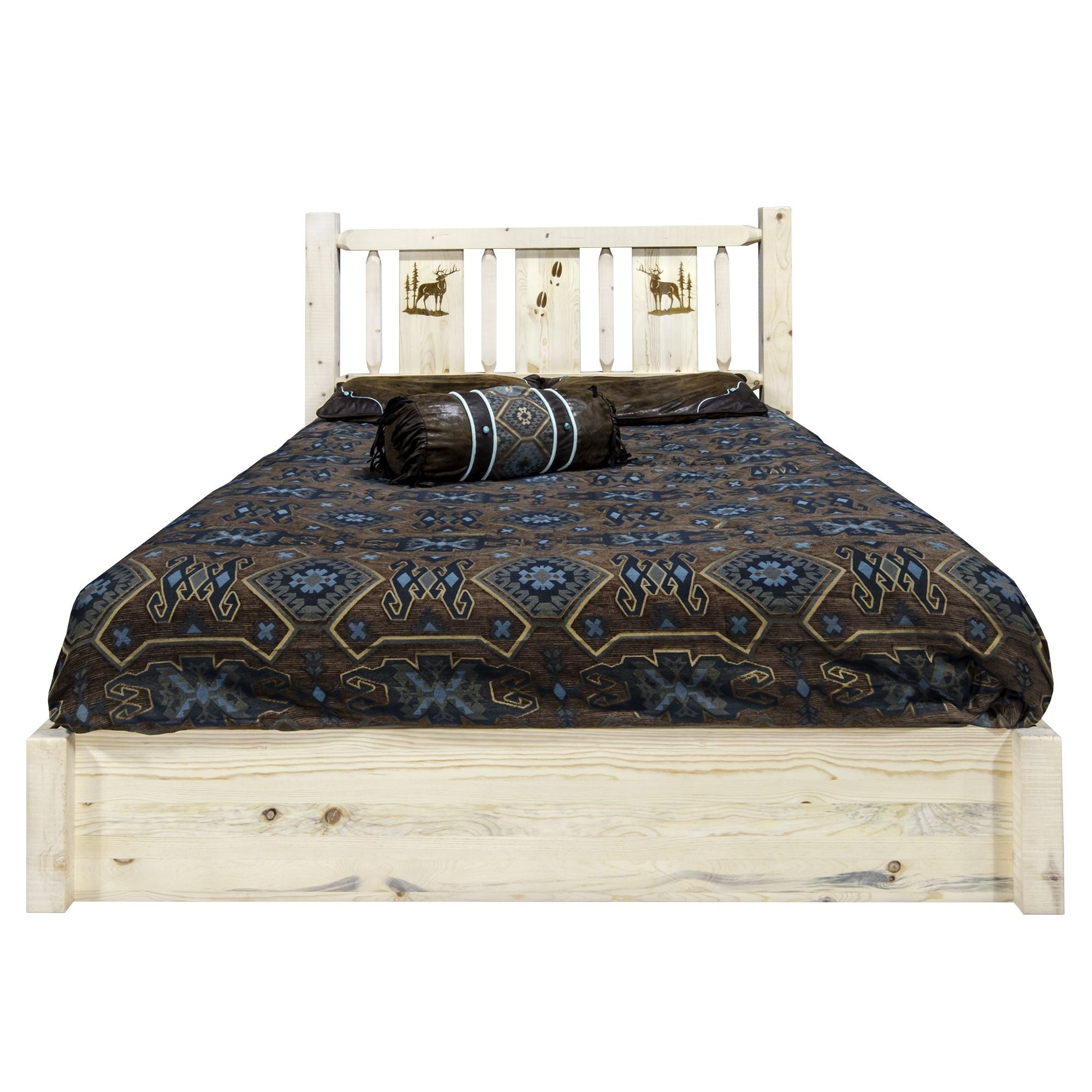 Homestead Collection Platform Bed W/ Storage, Full W/ Laser Engraved Elk Design, Ready To Finish