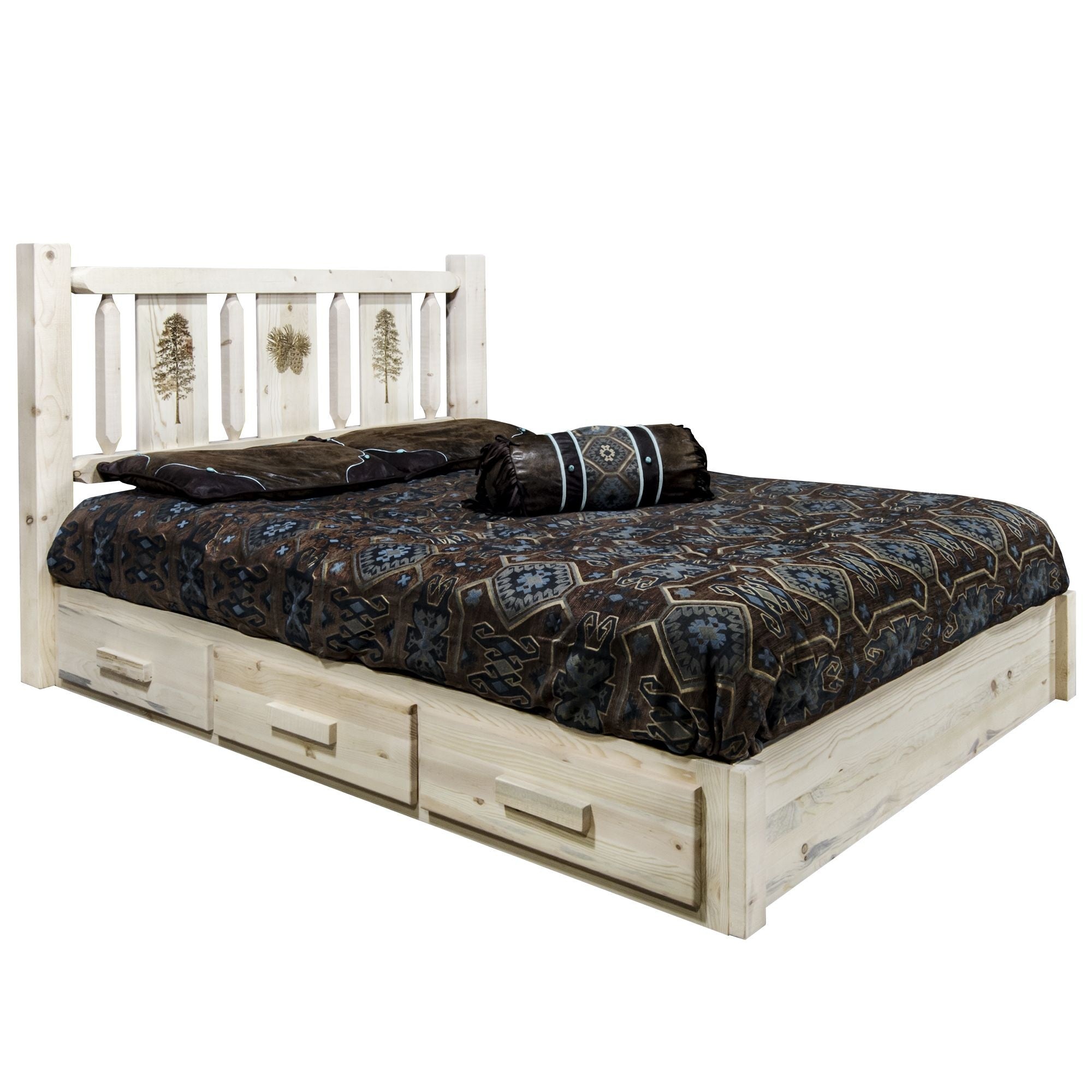 Homestead Collection Platform Bed W/ Storage, Full W/ Laser Engraved Pine Design, Ready To Finish