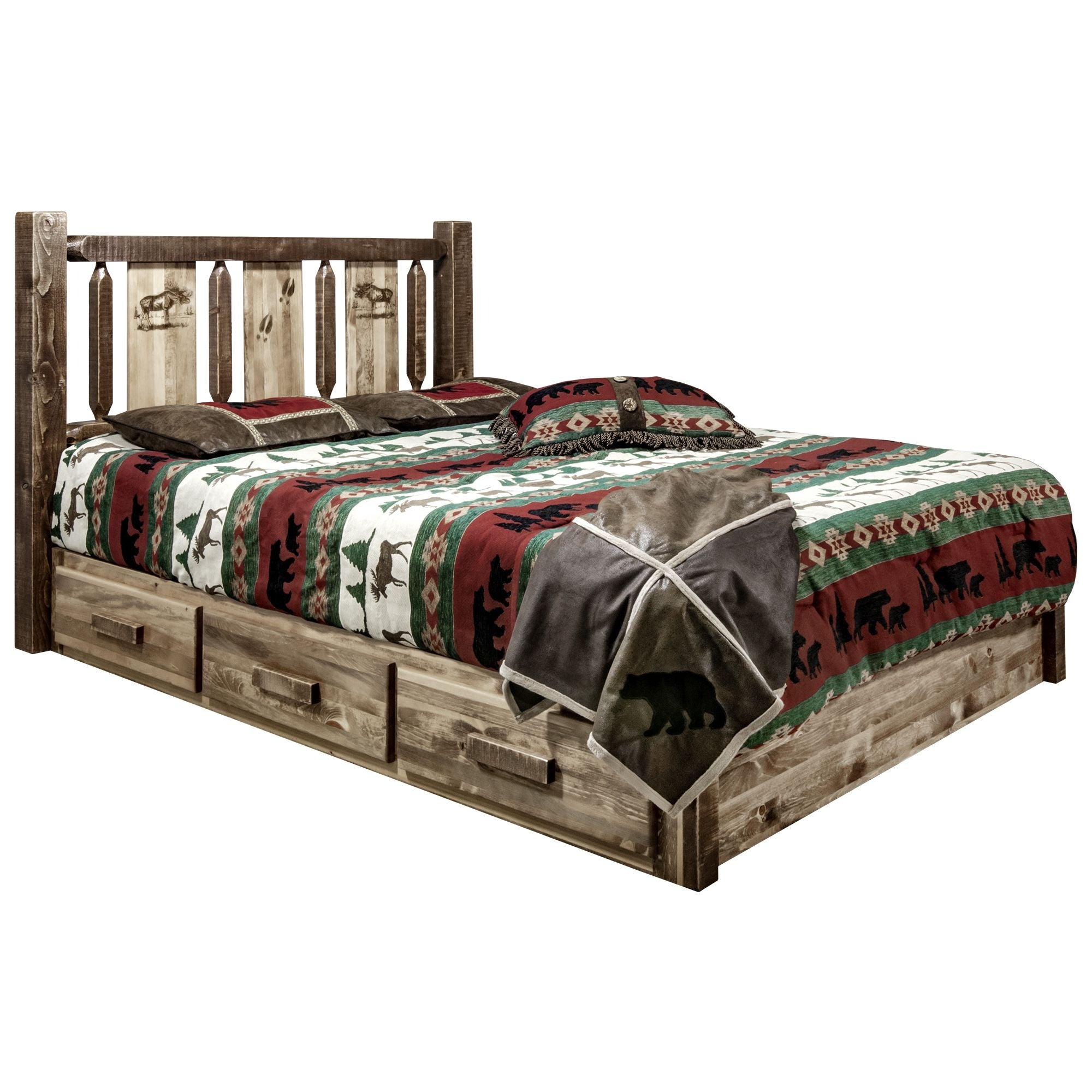 Homestead Collection Platform Bed W/ Storage, Full W/ Laser Engraved Moose Design, Stain & Clear Lacquer Finish