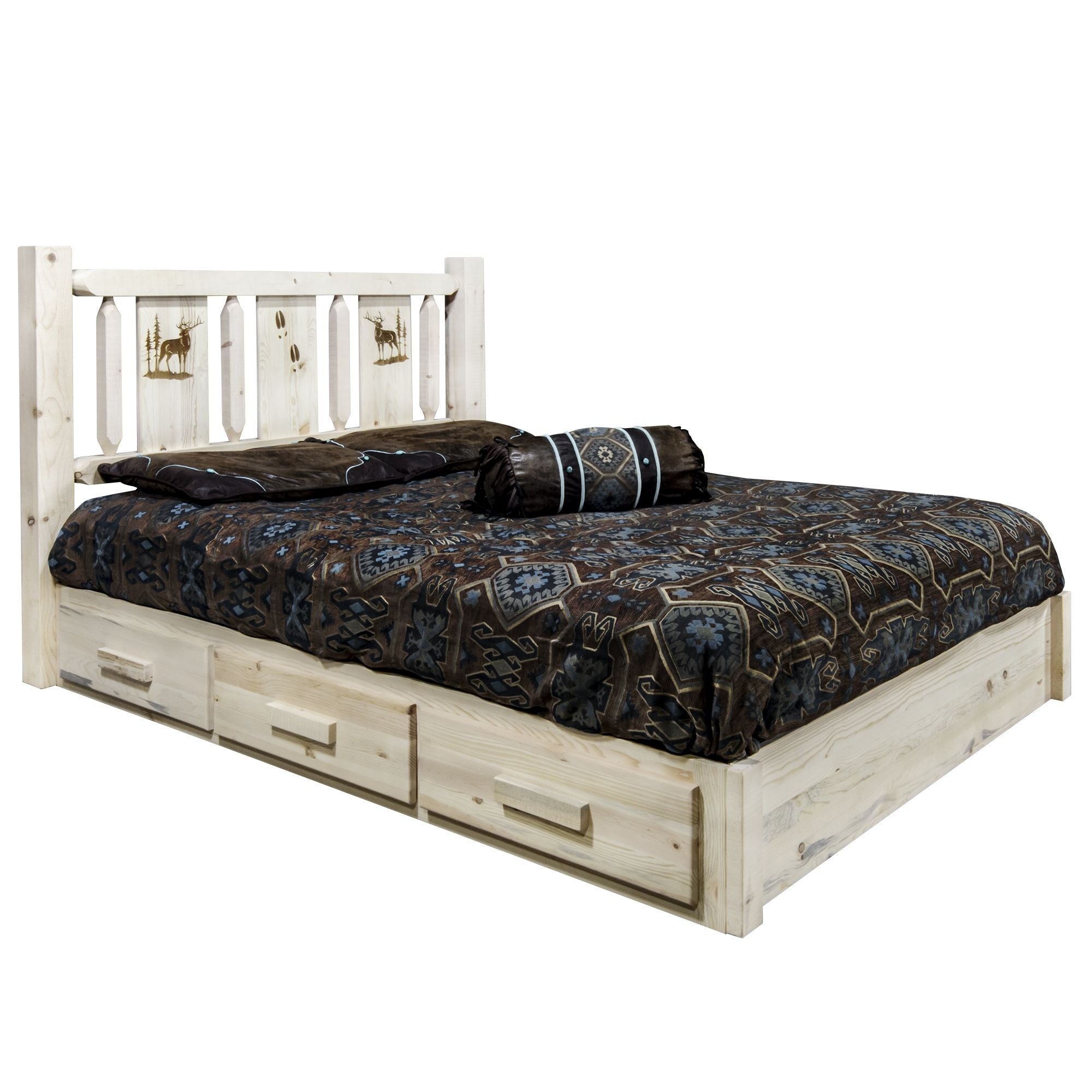 Homestead Collection Platform Bed W/ Storage, King W/ Laser Engraved Elk Design, Clear Lacquer Finish
