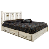 Homestead Collection Platform Bed W/ Storage, King W/ Laser Engraved Elk Design, Clear Lacquer Finish