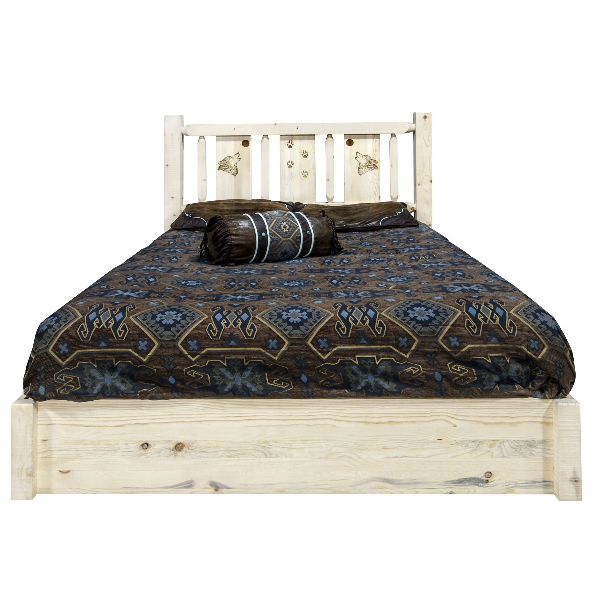Homestead Collection Platform Bed W/ Storage, King W/ Laser Engraved Wolf Design, Clear Lacquer Finish