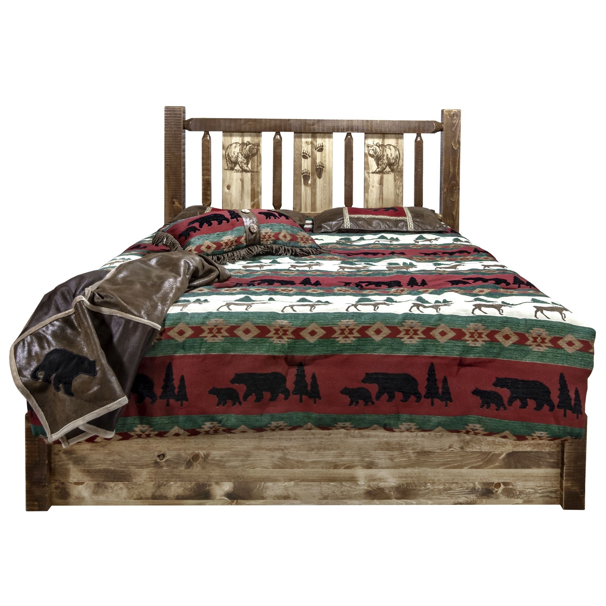Homestead Collection Platform Bed W/ Storage, Queen W/ Laser Engraved Bear Design, Stain & Clear Lacquer Finish