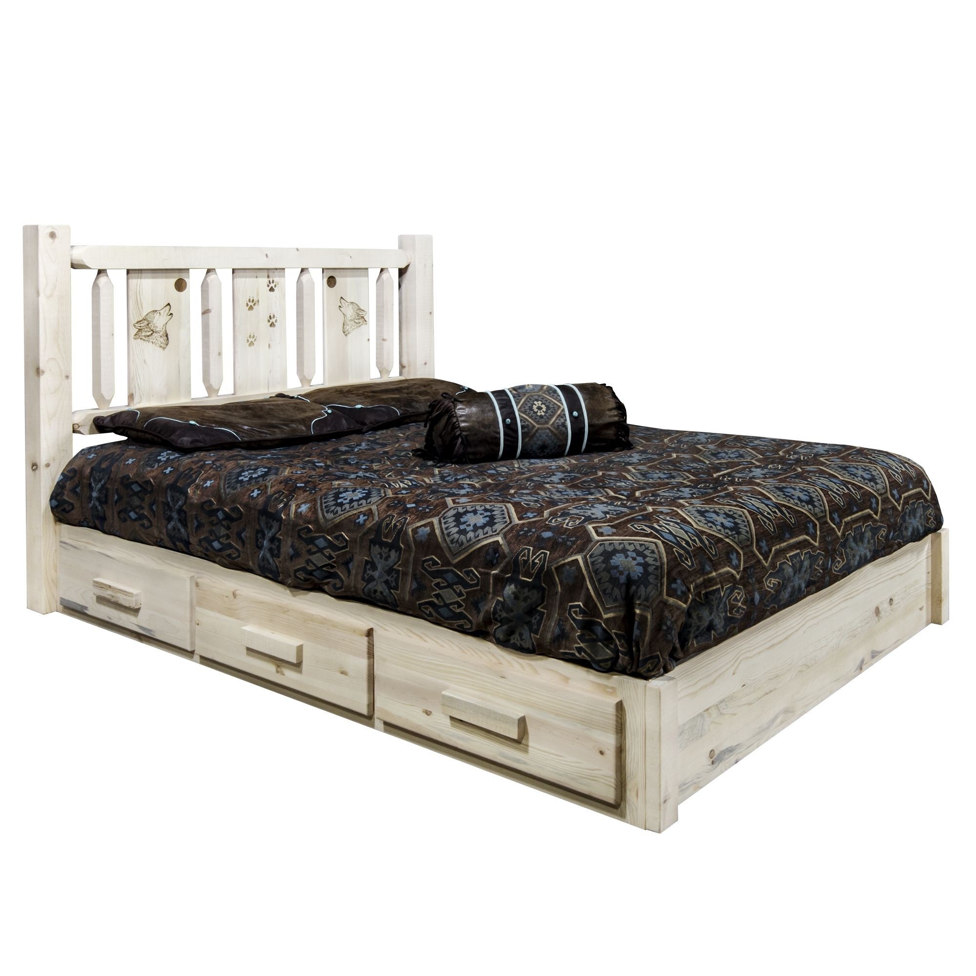 Homestead Collection Platform Bed W/ Storage, Queen W/ Laser Engraved Wolf Design, Clear Lacquer Finish