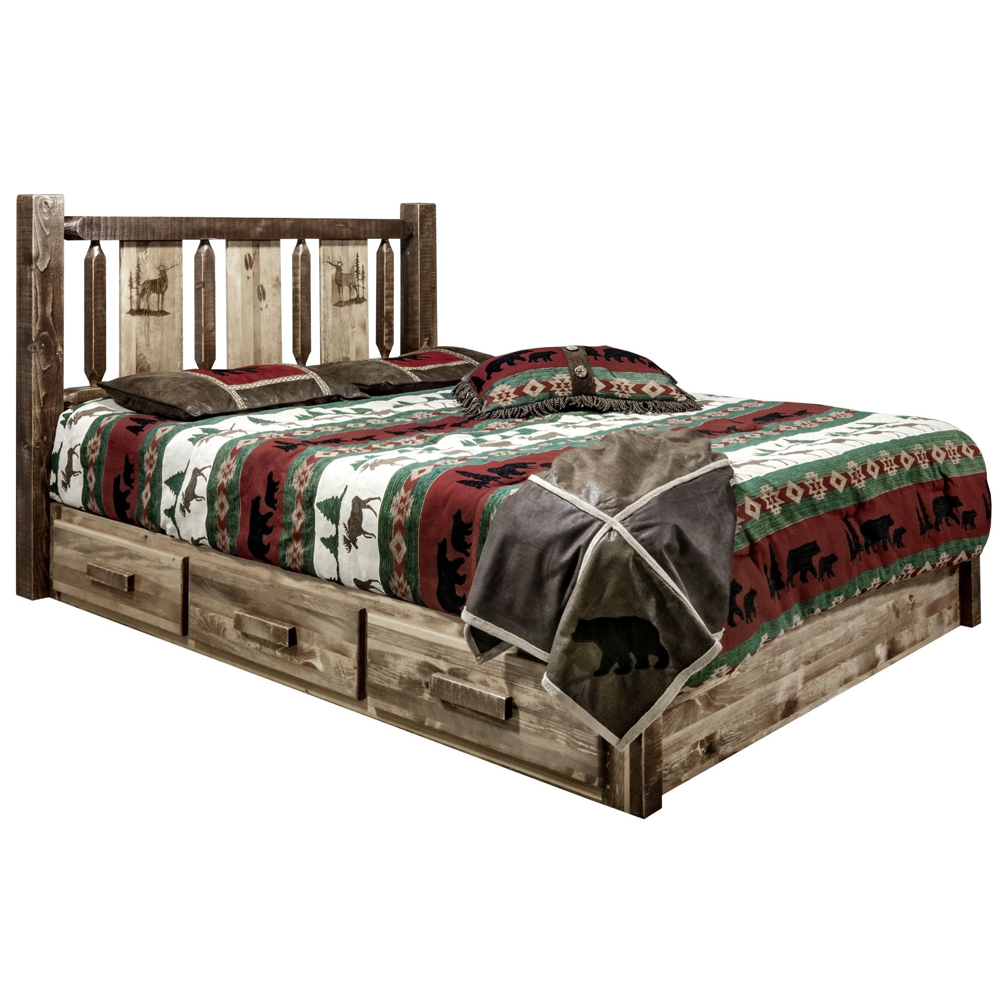 Homestead Collection Platform Bed W/ Storage, Twin W/ Laser Engraved Elk Design, Stain & Clear Lacquer Finish