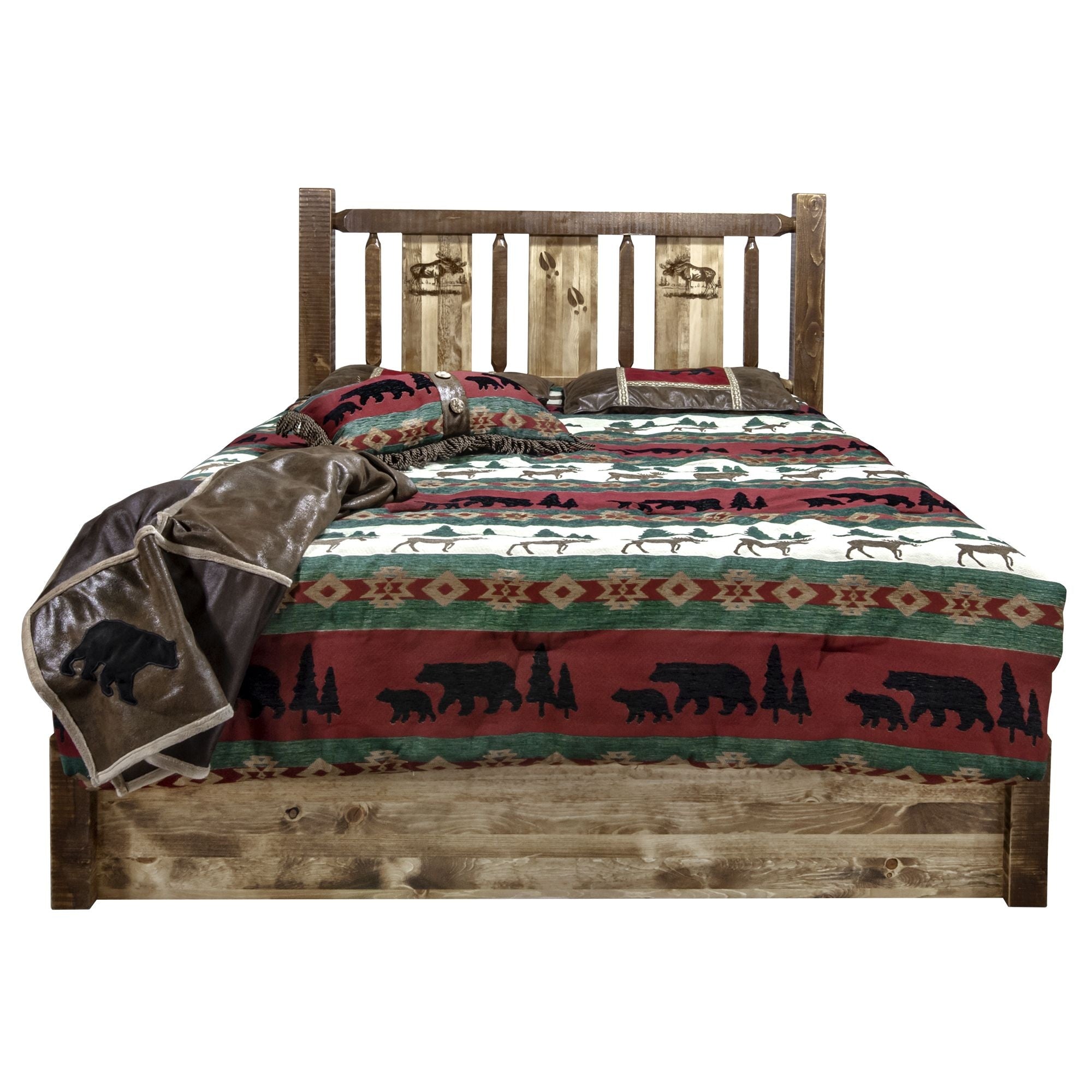 Homestead Collection Platform Bed W/ Storage, Twin W/ Laser Engraved Moose Design, Stain & Clear Lacquer Finish