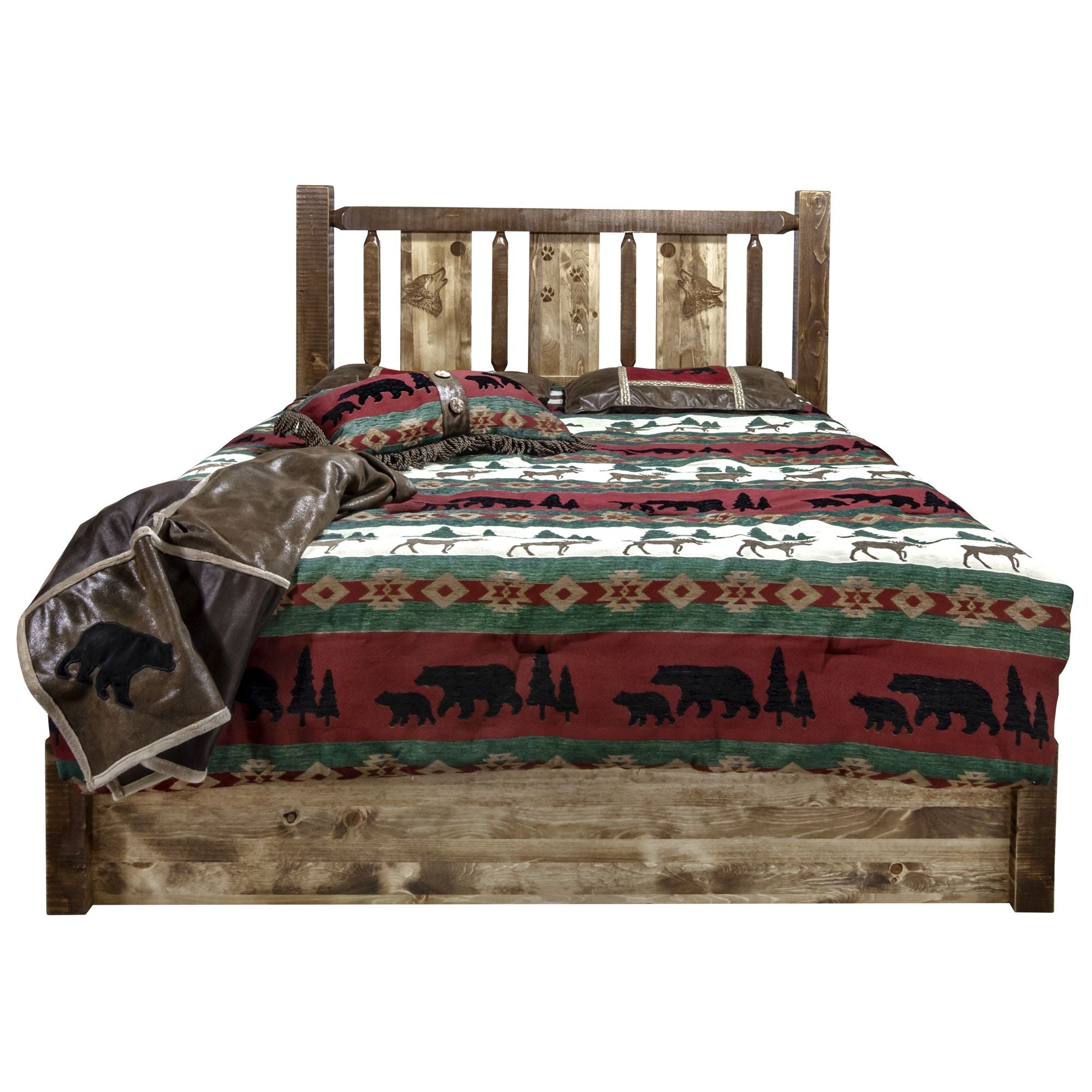 Homestead Collection Platform Bed W/ Storage, Twin W/ Laser Engraved Wolf Design, Stain & Clear Lacquer Finish