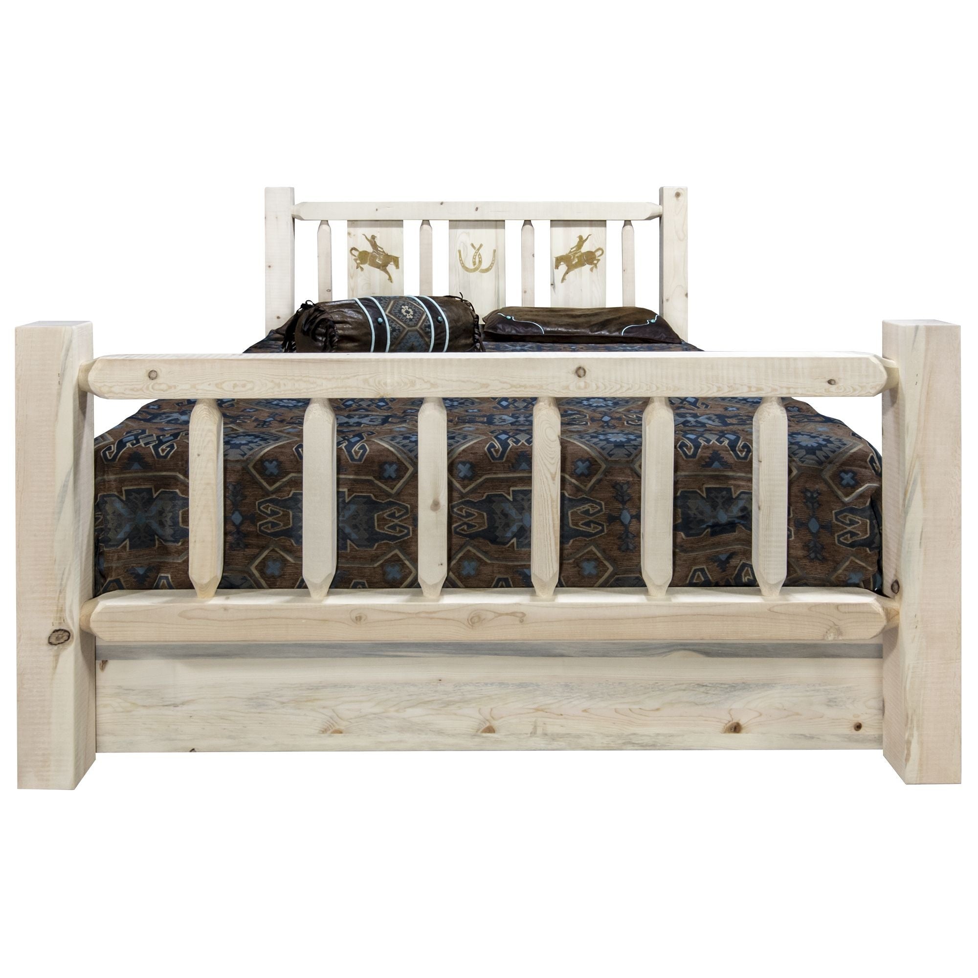 Homestead Collection Queen Storage Bed W/ Laser Engraved Bronc Design, Clear Lacquer Finish