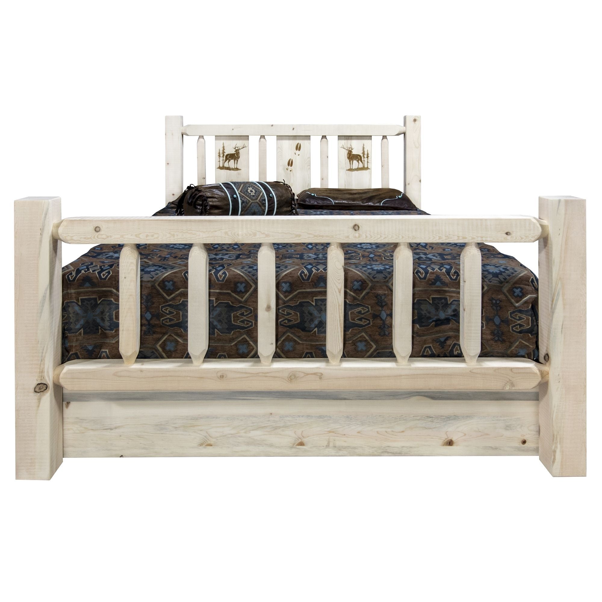 Homestead Collection Queen Storage Bed W/ Laser Engraved Elk Design, Clear Lacquer Finish
