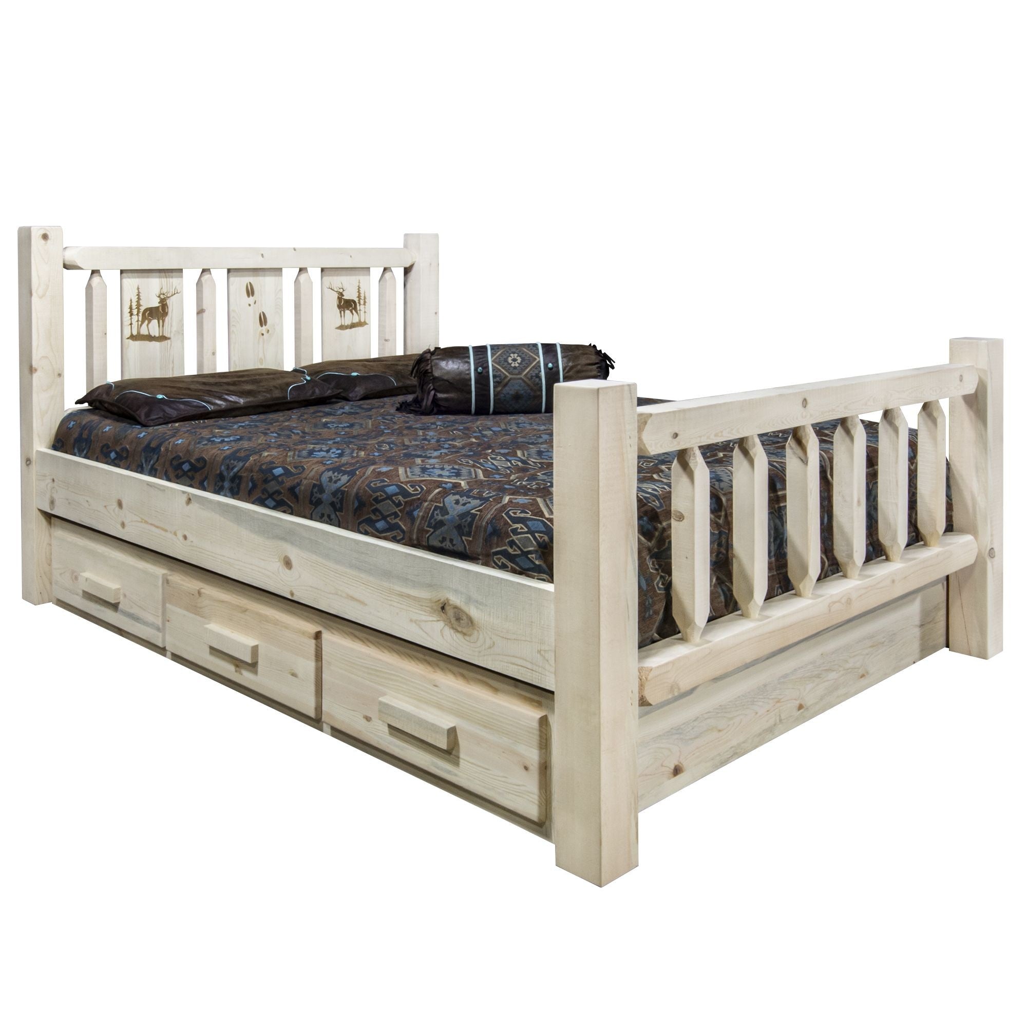 Homestead Collection Queen Storage Bed W/ Laser Engraved Elk Design, Clear Lacquer Finish