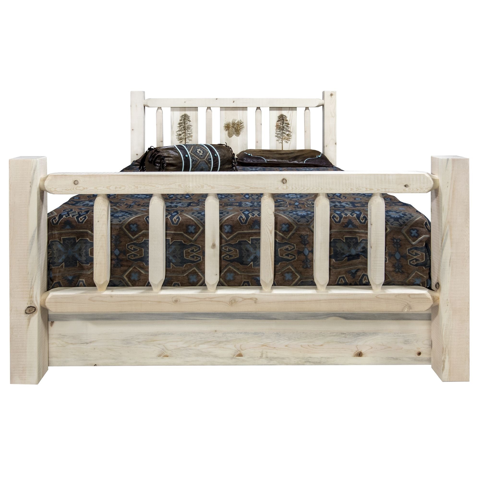 Homestead Collection Twin Storage Bed W/ Laser Engraved Pine Design, Clear Lacquer Finish