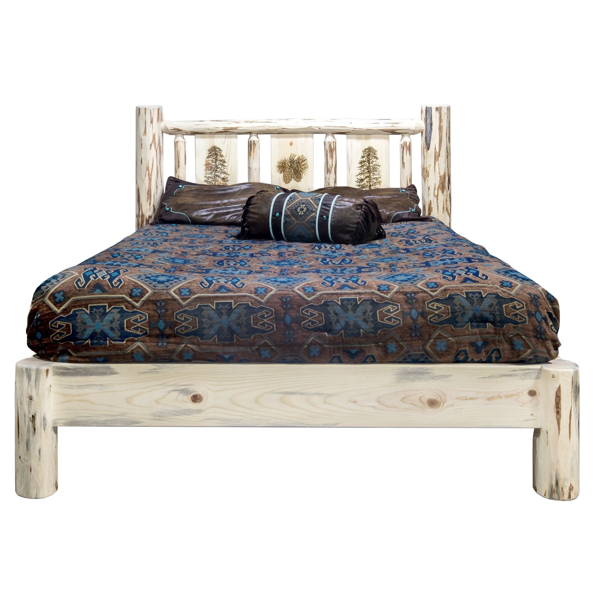 Montana Collection California King Platform Bed W/ Laser Engraved Pine Tree Design, Clear Lacquer Finish