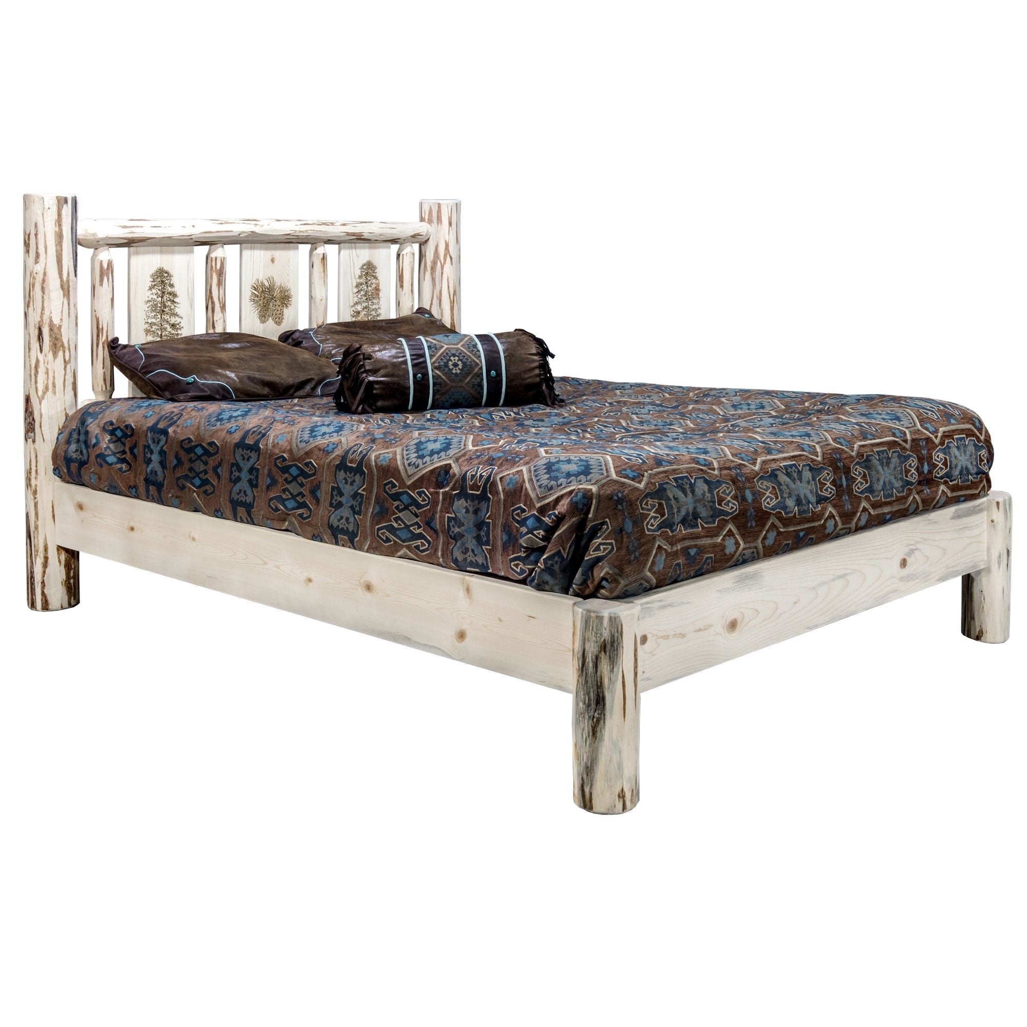 Montana Collection California King Platform Bed W/ Laser Engraved Pine Tree Design, Clear Lacquer Finish