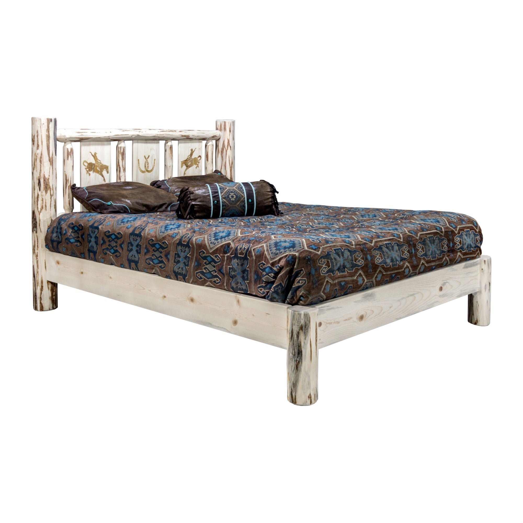 Montana Collection Full Platform Bed W/ Laser Engraved Bronc Design, Clear Lacquer Finish