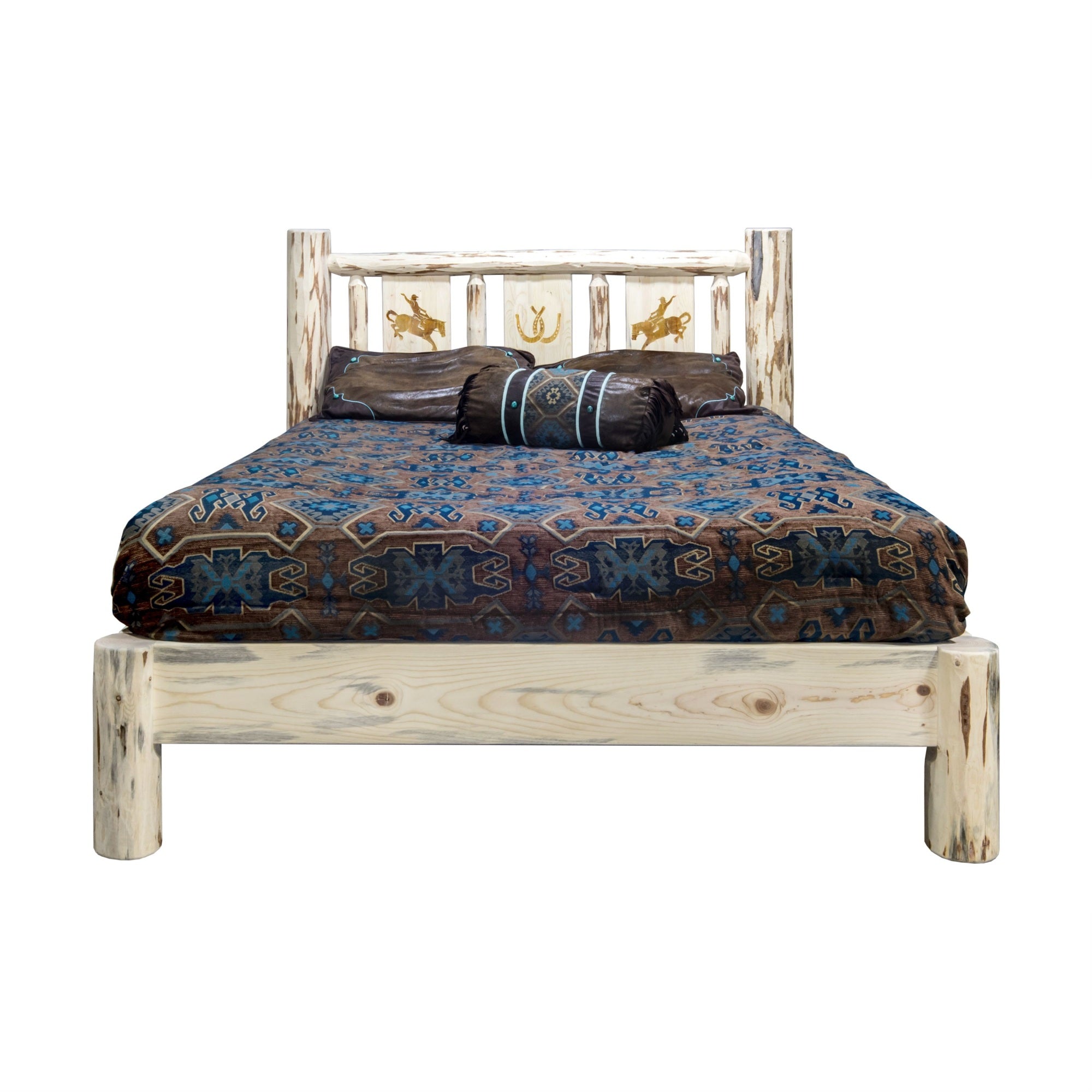 Montana Collection King Platform Bed W/ Laser Engraved Bronc Design, Ready To Finish