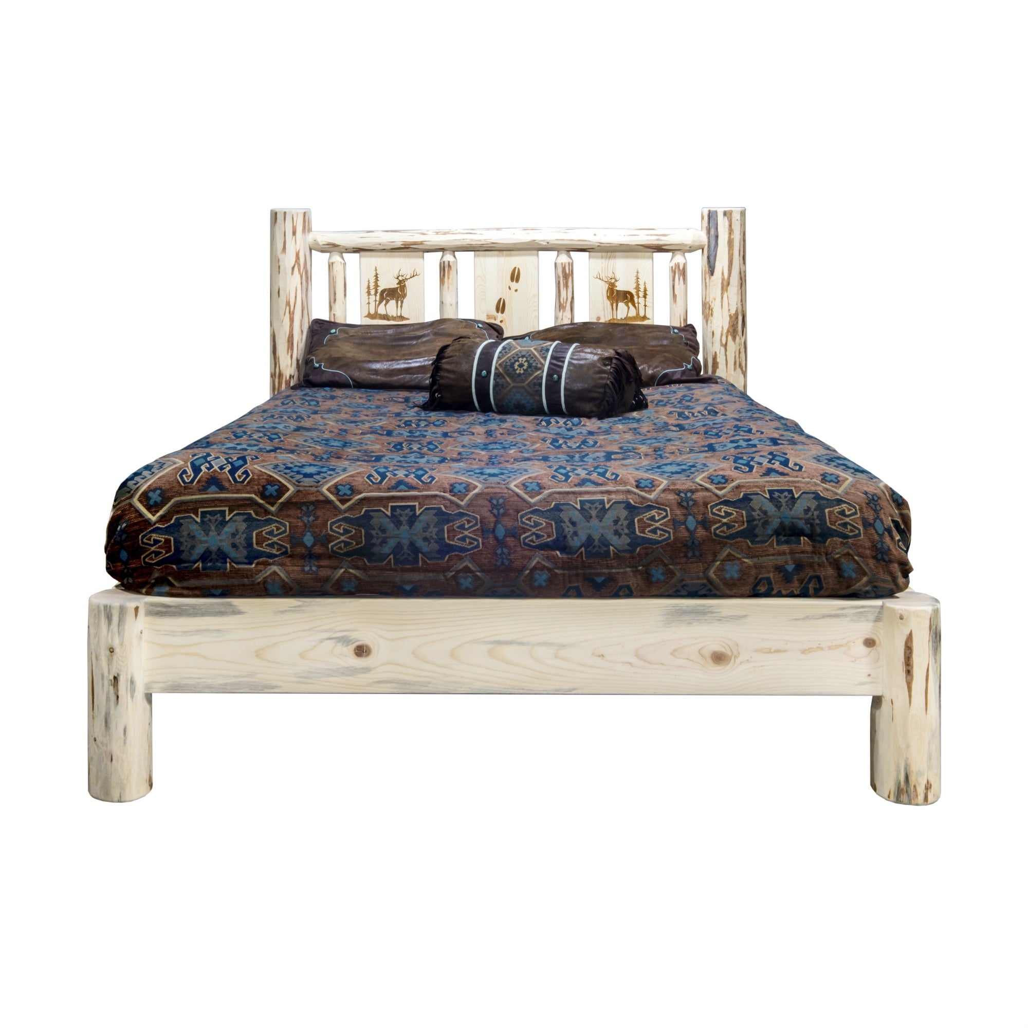 Montana Collection King Platform Bed W/ Laser Engraved Elk Design, Clear Lacquer Finish