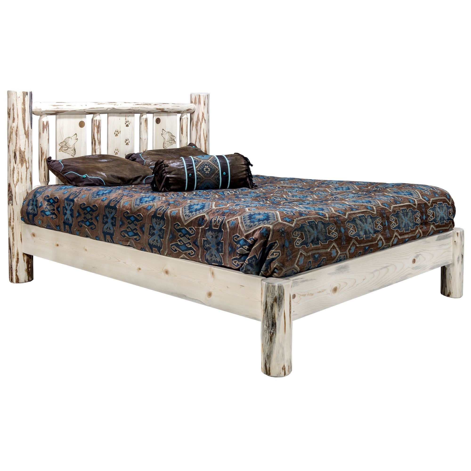 Montana Collection Queen Platform Bed W/ Laser Engraved Wolf Design, Clear Lacquer Finish