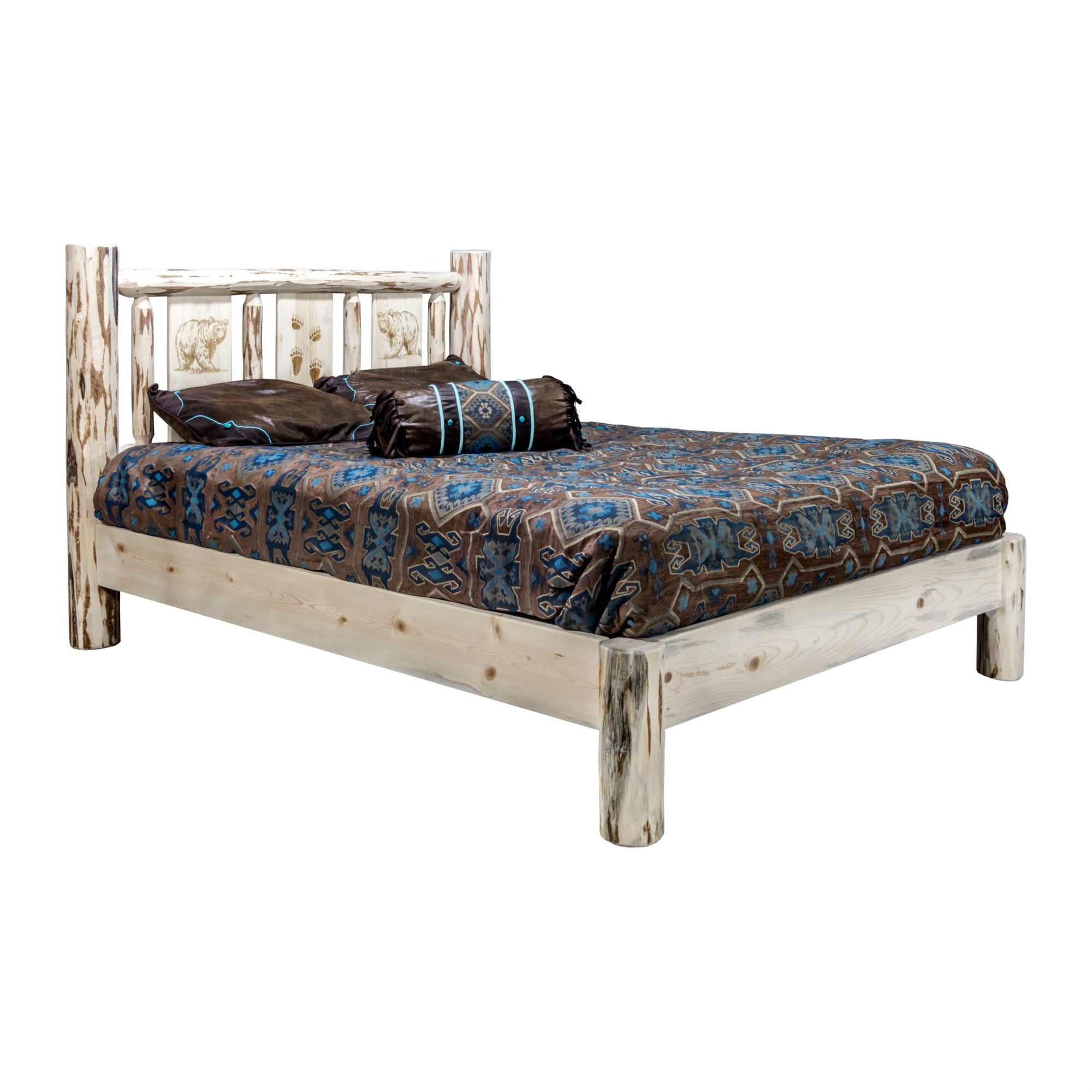 Montana Collection Twin Platform Bed W/ Laser Engraved Bear Design, Clear Lacquer Finish