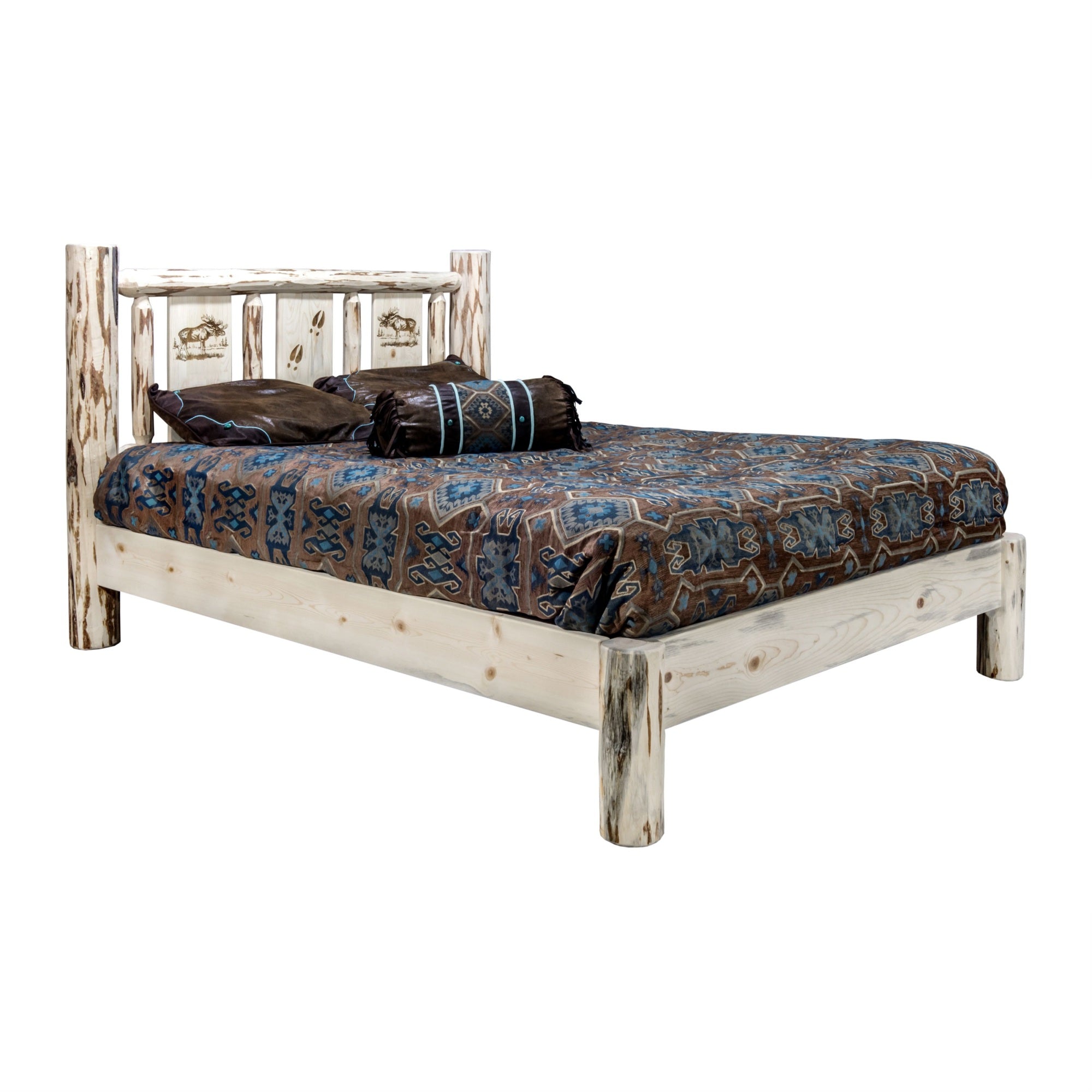 Montana Collection Twin Platform Bed W/ Laser Engraved Moose Design, Clear Lacquer Finish