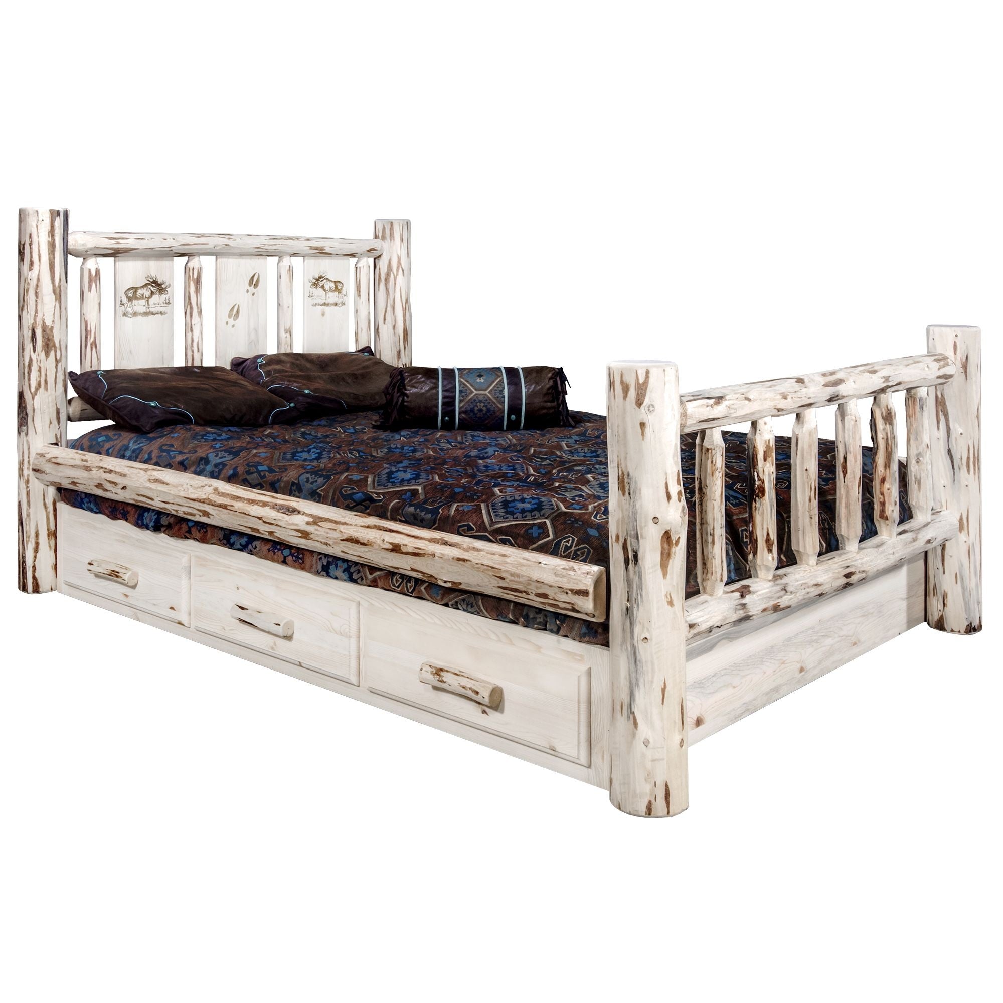 Montana Collection California King Storage Bed W/ Laser Engraved Moose Design, Clear Lacquer Finish