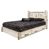 Montana Collection Platform Bed W/ Storage, California King W/ Laser Engraved Bear Design, Clear Lacquer Finish
