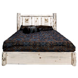 Montana Collection Platform Bed W/ Storage, California King W/ Laser Engraved Elk Design, Clear Lacquer Finish