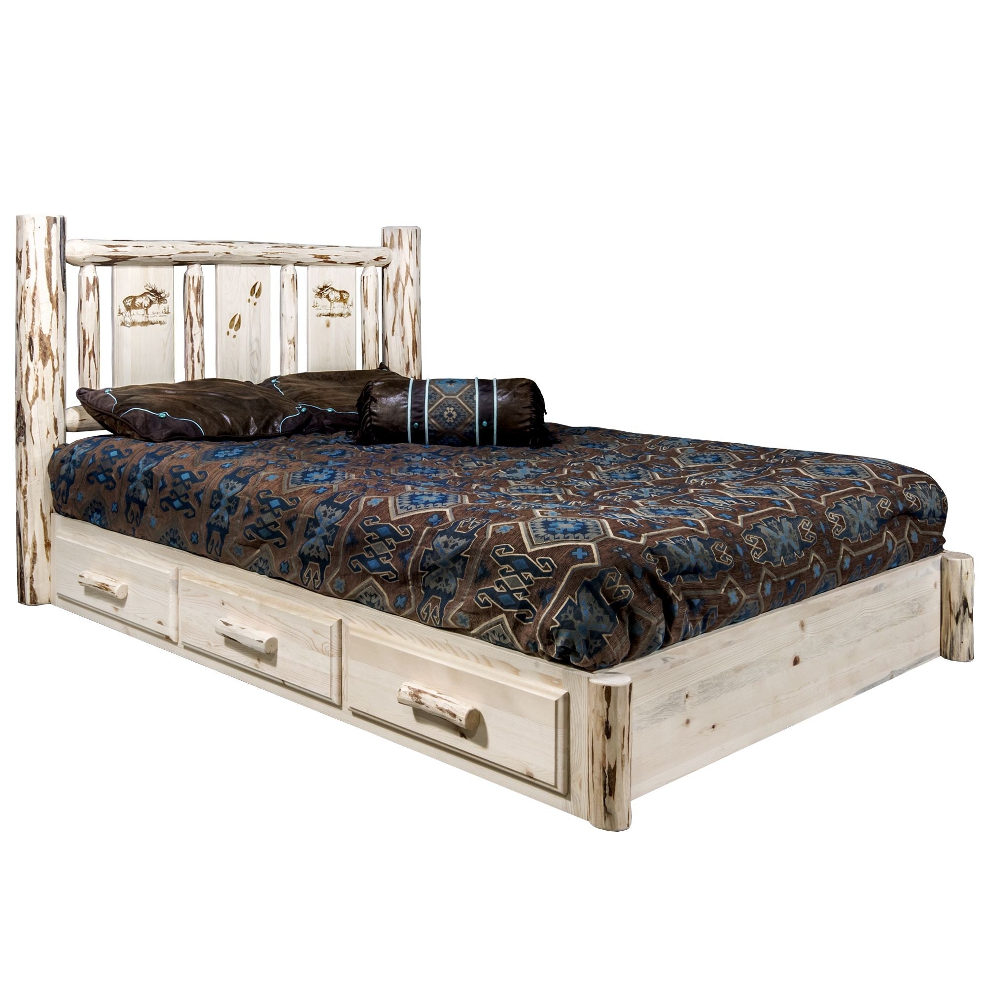 Montana Collection Platform Bed W/ Storage, California King W/ Laser Engraved Moose Design, Clear Lacquer Finish